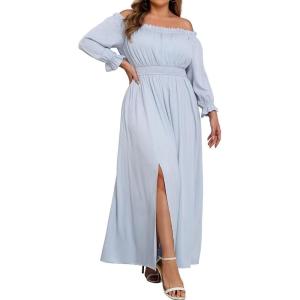 imageHolipick Womens Off The Shoulder Boho Dress Plus Size Floral Smocked Waist Split Summer Maxi Sundress with PocketsLight Blue
