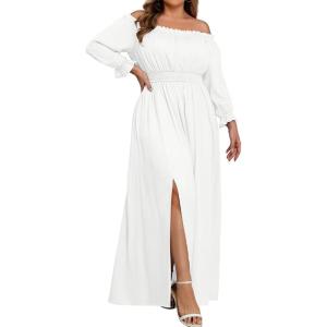 imageHolipick Womens Off The Shoulder Boho Dress Plus Size Floral Smocked Waist Split Summer Maxi Sundress with PocketsWhitelong Sleeve