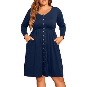 imageHolipick Womens Plus Size Summer Dresses for Women Casual Dress with Pockets ALine Swing Button Down Sleeveless V NeckLong Sleeve Navy Blue