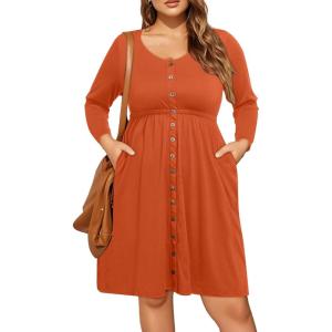 imageHolipick Womens Plus Size Summer Dresses for Women Casual Dress with Pockets ALine Swing Button Down Sleeveless V NeckLong Sleeve Orange