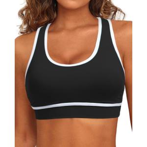 imageHolipick Womens Sports Bra Bikini Tops Racerback Swim Top Scoop Neck Bathing Suits Top Modest Padded Crop Tops Swimsuit OnlyBlackwhite