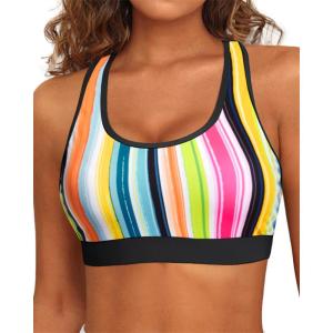 imageHolipick Womens Sports Bra Bikini Tops Racerback Swim Top Scoop Neck Bathing Suits Top Modest Padded Crop Tops Swimsuit OnlyColorful Striped