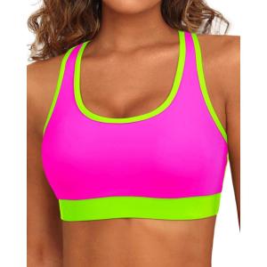 imageHolipick Womens Sports Bra Bikini Tops Racerback Swim Top Scoop Neck Bathing Suits Top Modest Padded Crop Tops Swimsuit OnlyPinkgreen