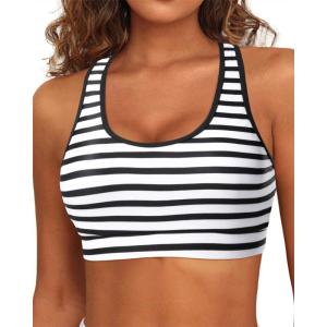 imageHolipick Womens Sports Bra Bikini Tops Racerback Swim Top Scoop Neck Bathing Suits Top Modest Padded Crop Tops Swimsuit OnlyStriped