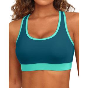 imageHolipick Womens Sports Bra Bikini Tops Racerback Swim Top Scoop Neck Bathing Suits Top Modest Padded Crop Tops Swimsuit OnlyTealgreen