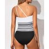 imageHolipick One Shoulder One Piece Swimsuit for Women Tummy Control Bathing Suits Modest Full Coverage Keyhole SwimwearWhite and Black Striped