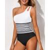 imageHolipick One Shoulder One Piece Swimsuit for Women Tummy Control Bathing Suits Modest Full Coverage Keyhole SwimwearWhite and Black Striped