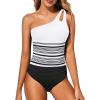 imageHolipick One Shoulder One Piece Swimsuit for Women Tummy Control Bathing Suits Modest Full Coverage Keyhole SwimwearWhite and Black Striped