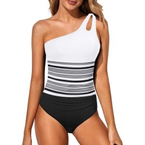 imageHolipick One Shoulder One Piece Swimsuit for Women Tummy Control Bathing Suits Modest Full Coverage Keyhole SwimwearWhite and Black Striped