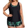 imageHolipick Women Plus Size 3 Piece Tankini Swimsuits Tummy Control Bathing Suits with Boy Shorts Tank Top with Sports BraBlack Green Leaf