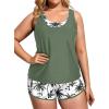 imageHolipick Women Plus Size 3 Piece Tankini Swimsuits Tummy Control Bathing Suits with Boy Shorts Tank Top with Sports BraGreen Palm Tree