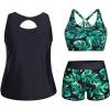 imageHolipick Women Plus Size 3 Piece Tankini Swimsuits Tummy Control Bathing Suits with Boy Shorts Tank Top with Sports BraBlack Green Leaf