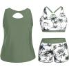 imageHolipick Women Plus Size 3 Piece Tankini Swimsuits Tummy Control Bathing Suits with Boy Shorts Tank Top with Sports BraGreen Palm Tree