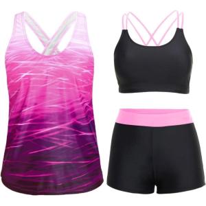 imageHolipick 3 Piece Tankini Swimsuits for Women Tummy Control Bathing Suits Swim Tank Top with Bra Boy Shorts Teen SwimwearPink Gradients