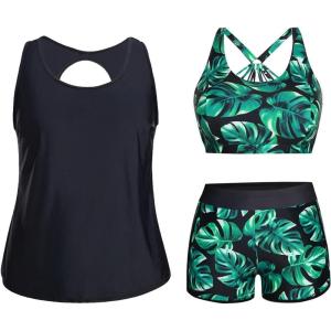 imageHolipick Women Plus Size 3 Piece Tankini Swimsuits Tummy Control Bathing Suits with Boy Shorts Tank Top with Sports BraBlack Green Leaf