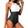 imageHolipick Women Tummy Control One Piece Swimsuit Modest Bathing Suit Full Coverage High Neck SwimwearBlack and White