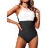 imageHolipick Women Tummy Control One Piece Swimsuit Modest Bathing Suit Full Coverage High Neck SwimwearBlack and White