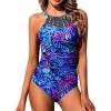 imageHolipick Women Tummy Control One Piece Swimsuit Modest Bathing Suit Full Coverage High Neck SwimwearBlue Leaves