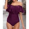 imageHolipick Women Off Shoulder One Piece Swimsuits Tummy Control Bathing Suits Vintage Ruffle SwimwearPurple