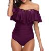 imageHolipick Women Off Shoulder One Piece Swimsuits Tummy Control Bathing Suits Vintage Ruffle SwimwearPurple