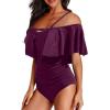 imageHolipick Women Off Shoulder One Piece Swimsuits Tummy Control Bathing Suits Vintage Ruffle SwimwearPurple