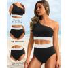 imageHolipick Women One Shoulder High Waisted Bikini Set Two Piece Tummy Control Swimsuits Full Coverage Bathing SuitBlack White