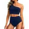 imageHolipick Women One Shoulder High Waisted Bikini Set Two Piece Tummy Control Swimsuits Full Coverage Bathing SuitNavy