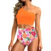 imageHolipick Women One Shoulder High Waisted Bikini Set Two Piece Tummy Control Swimsuits Full Coverage Bathing SuitOrange and Floral