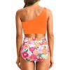 imageHolipick Women One Shoulder High Waisted Bikini Set Two Piece Tummy Control Swimsuits Full Coverage Bathing SuitOrange and Floral