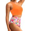 imageHolipick Women One Shoulder High Waisted Bikini Set Two Piece Tummy Control Swimsuits Full Coverage Bathing SuitOrange and Floral