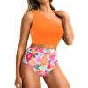 imageHolipick Women One Shoulder High Waisted Bikini Set Two Piece Tummy Control Swimsuits Full Coverage Bathing SuitOrange and Floral