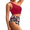imageHolipick Women One Shoulder High Waisted Bikini Set Two Piece Tummy Control Swimsuits Full Coverage Bathing SuitRed and Floral