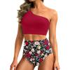 imageHolipick Women One Shoulder High Waisted Bikini Set Two Piece Tummy Control Swimsuits Full Coverage Bathing SuitRed and Floral