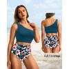 imageHolipick Women One Shoulder High Waisted Bikini Set Two Piece Tummy Control Swimsuits Full Coverage Bathing SuitTeal Flower