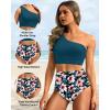 imageHolipick Women One Shoulder High Waisted Bikini Set Two Piece Tummy Control Swimsuits Full Coverage Bathing SuitTeal Flower