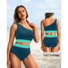 imageHolipick Women One Shoulder High Waisted Bikini Set Two Piece Tummy Control Swimsuits Full Coverage Bathing SuitTeal and Green