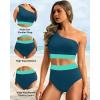 imageHolipick Women One Shoulder High Waisted Bikini Set Two Piece Tummy Control Swimsuits Full Coverage Bathing SuitTeal and Green