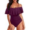 imageHolipick Women Off Shoulder One Piece Swimsuits Tummy Control Bathing Suits Vintage Ruffle SwimwearPurple