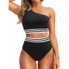imageHolipick Women One Shoulder High Waisted Bikini Set Two Piece Tummy Control Swimsuits Full Coverage Bathing SuitBlack Woven
