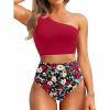 imageHolipick Women One Shoulder High Waisted Bikini Set Two Piece Tummy Control Swimsuits Full Coverage Bathing SuitRed and Floral