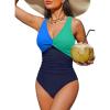 imageHolipick Women Tummy Control One Piece Swimsuit  Push Up Bathing Suit Full Coverage Slimming SwimwearBlue Green Block