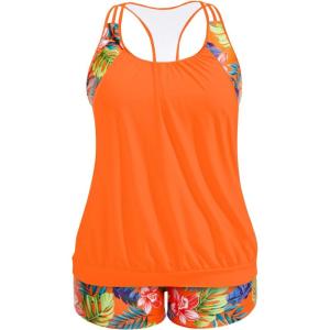 imageHolipick Plus Size Tankini Swimsuit for Women Two Piece Tummy Control Bathing Suit Blouson Racerback Tankini Top with ShortsOrange Flowers