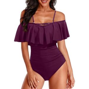 imageHolipick Women Off Shoulder One Piece Swimsuits Tummy Control Bathing Suits Vintage Ruffle SwimwearPurple