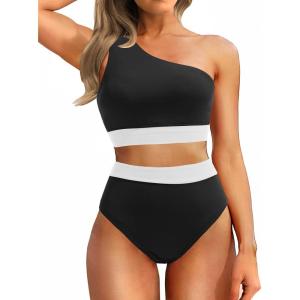 imageHolipick Women One Shoulder High Waisted Bikini Set Two Piece Tummy Control Swimsuits Full Coverage Bathing SuitBlack White