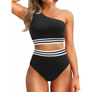 imageHolipick Women One Shoulder High Waisted Bikini Set Two Piece Tummy Control Swimsuits Full Coverage Bathing SuitBlack Woven