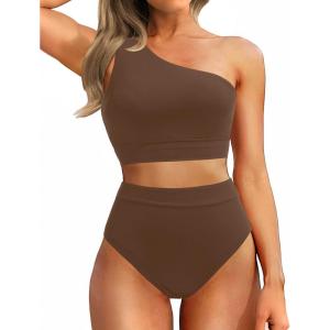 imageHolipick Women One Shoulder High Waisted Bikini Set Two Piece Tummy Control Swimsuits Full Coverage Bathing SuitBrown