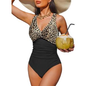 imageHolipick Women Tummy Control One Piece Swimsuit  Push Up Bathing Suit Full Coverage Slimming SwimwearBlack Leopard