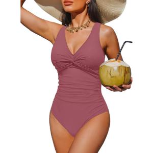 imageHolipick Women Tummy Control One Piece Swimsuit  Push Up Bathing Suit Full Coverage Slimming SwimwearBlush Red