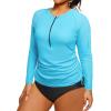 imageHolipick Women Two Piece Plus Size Zipper Long Sleeve Rash Guard UPF 50 Swim Shirt with Bottom Bulid in Bra SwimsuitAqua Blue White