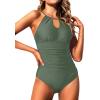 imageHolipick Women One Piece Swimsuit Tummy Control Bathing Suits High Neck Halter SwimwearArmy Green